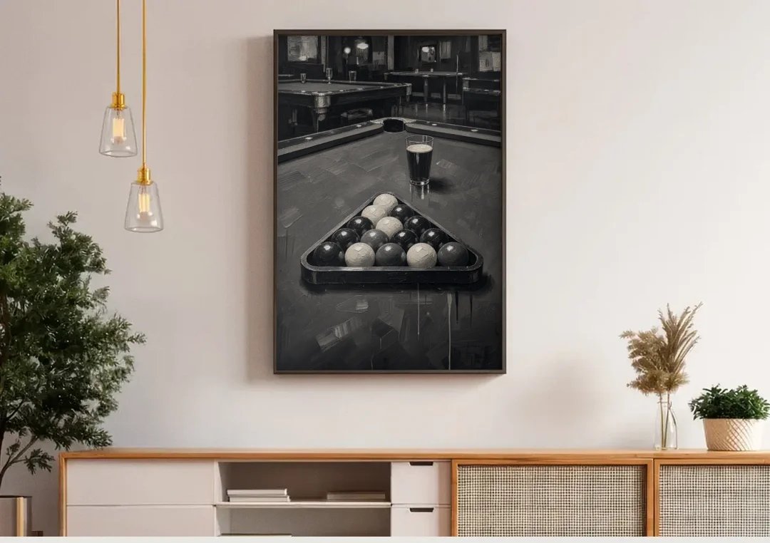 Game Room Wall Art with Racked Balls and Stout canvas wall art above a wooden sideboard under pendant lights