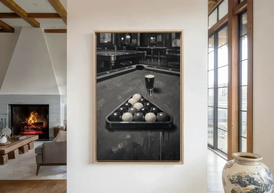 Game Room Wall Art with Racked Balls and Stout canvas wall art in a living room with a fireplace