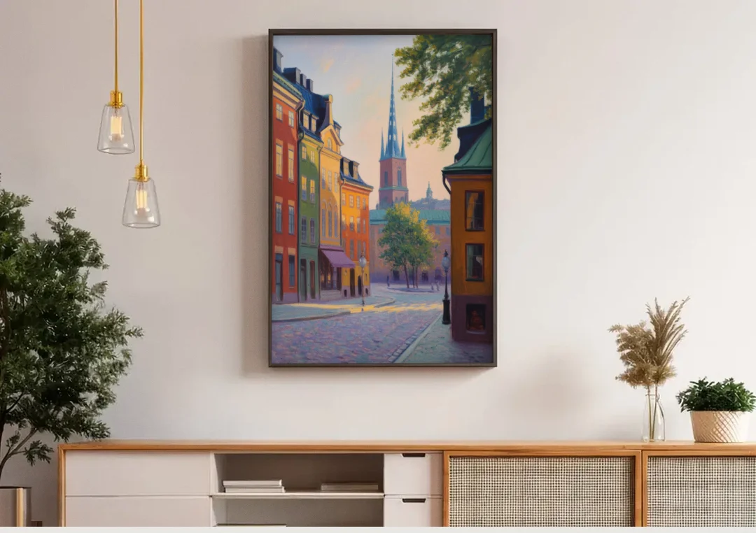 Gamla Stan Charm canvas wall art above a wooden sideboard under pendant lights