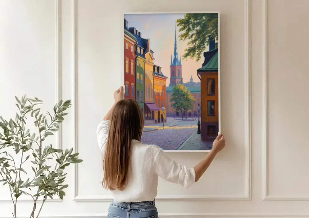Gamla Stan Charm canvas wall art being hung on a paneled wall