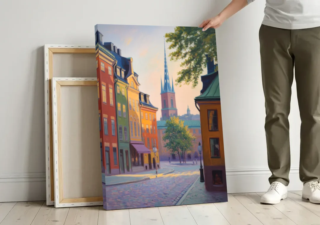 Gamla Stan Charm canvas wall art leaning against a wall next to blank canvases