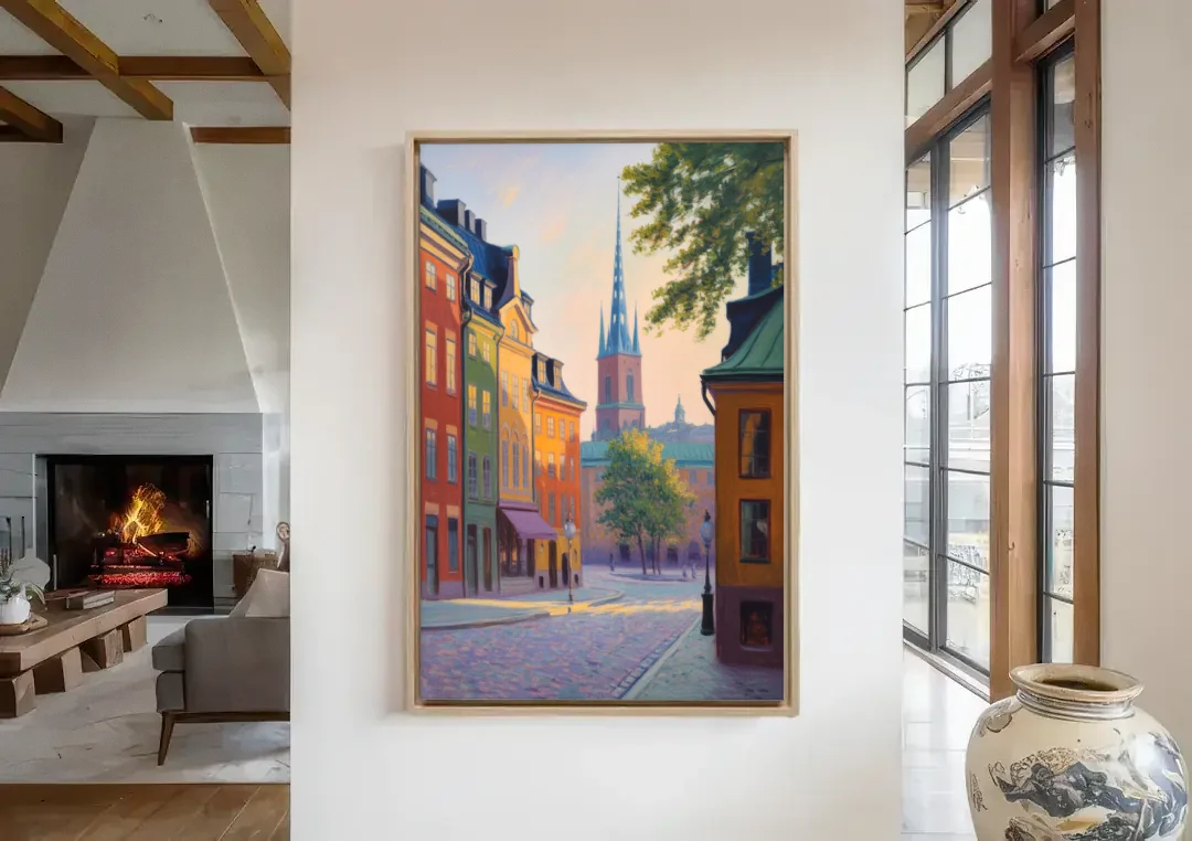 Gamla Stan Charm canvas wall art in a living room with a fireplace
