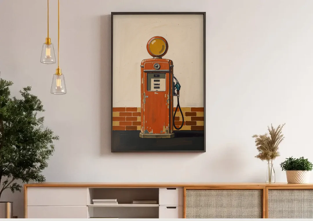 Garage Art Faded Red Gas Pump canvas wall art above a wooden sideboard under pendant lights