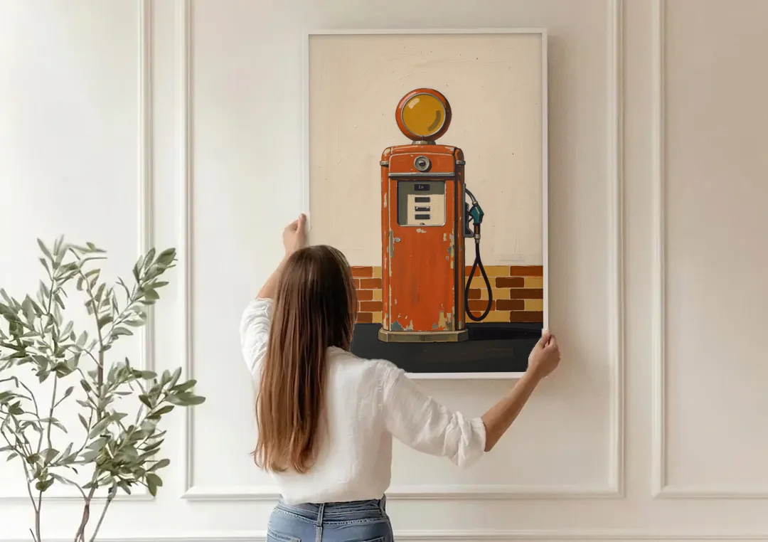 Garage Art Faded Red Gas Pump canvas wall art being hung on a paneled wall