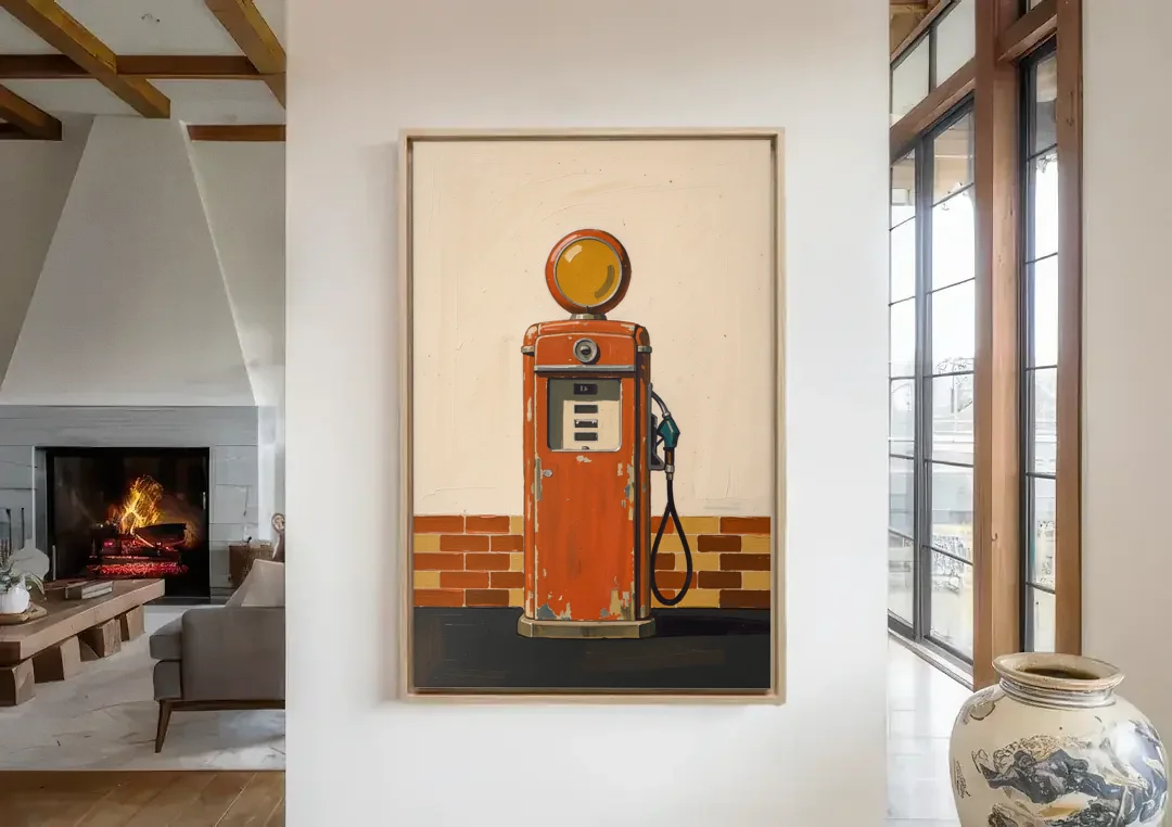 Garage Art Faded Red Gas Pump canvas wall art in a living room with a fireplace