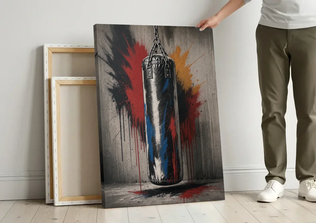 Garage Gym Decor Heavy Bag with Red Halo canvas wall art leaning against a wall next to blank canvases