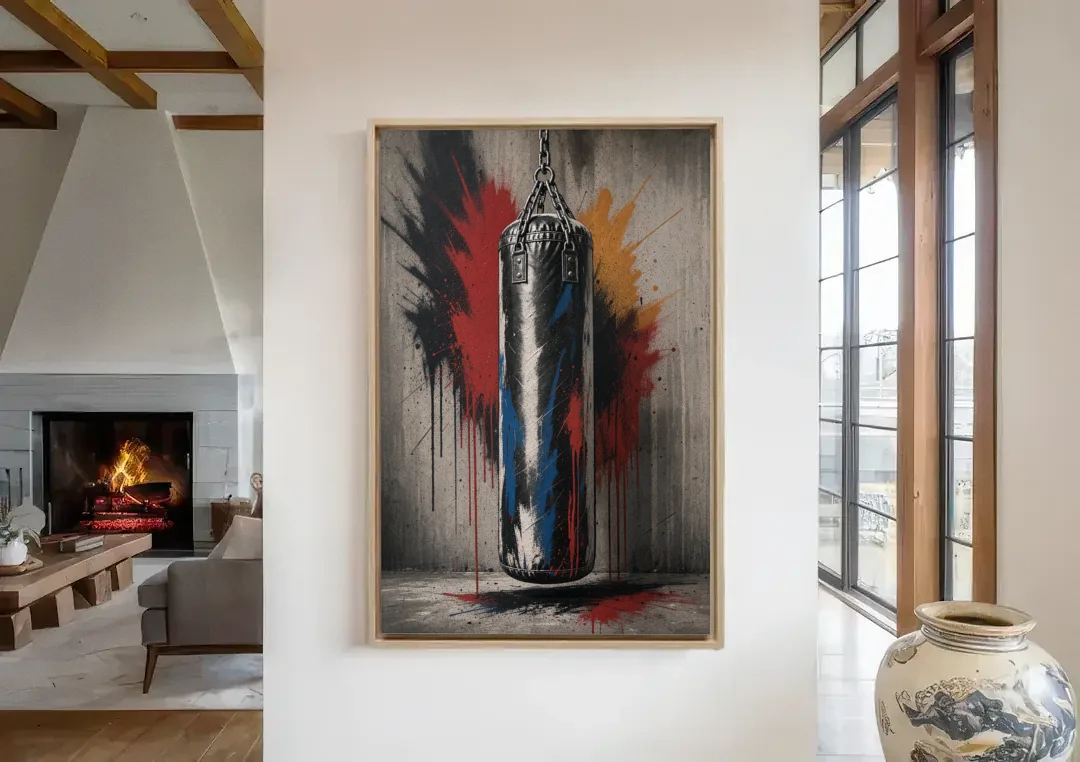 Garage Gym Decor Heavy Bag with Red Halo canvas wall art in a living room with a fireplace