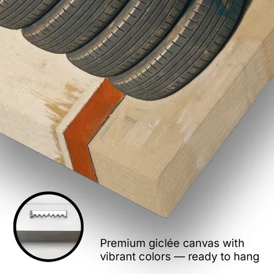 Garage Man Cave Decor with Stacked Old Tires - Canvas Wall Art - Gallery Wrap Corner