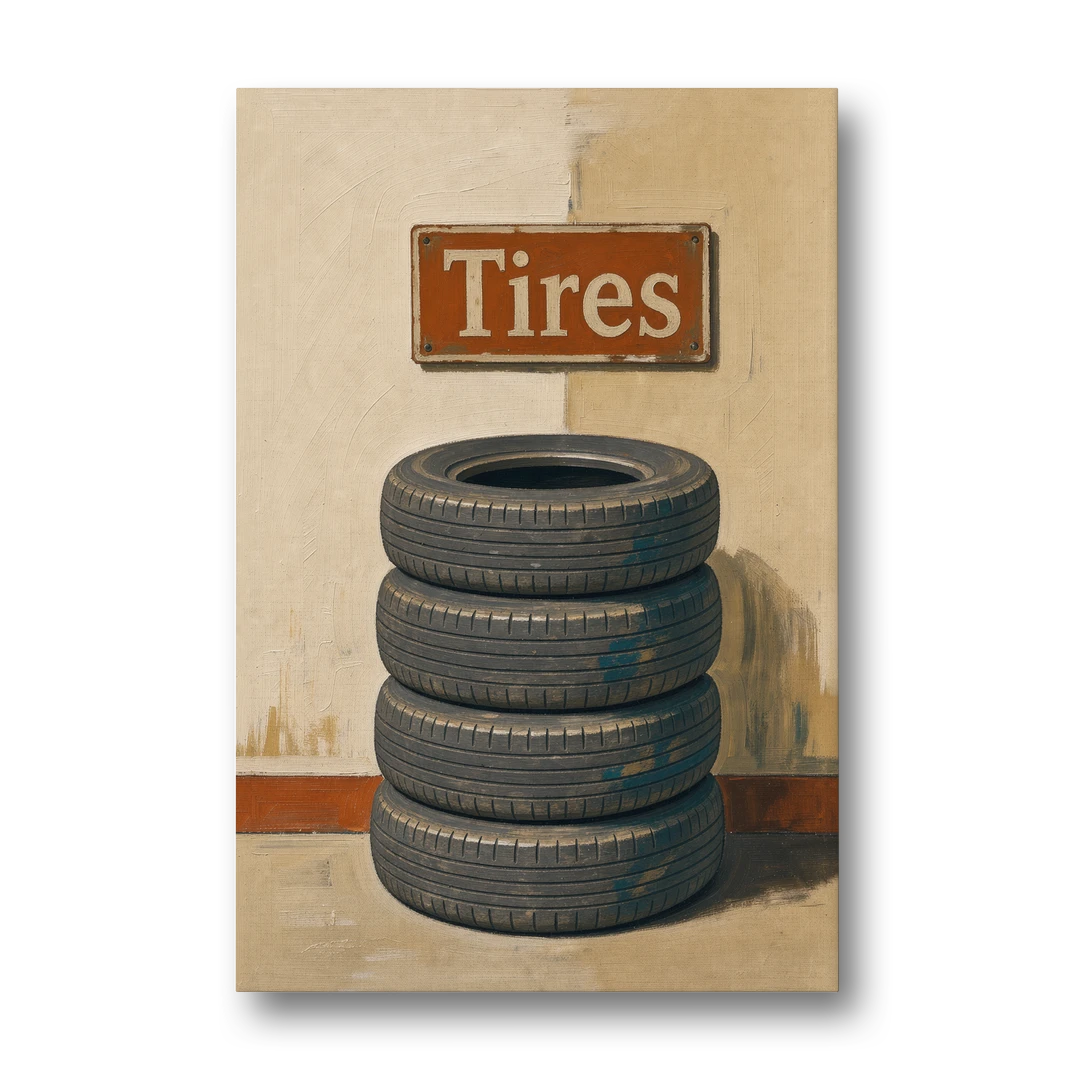 Garage Man Cave Decor with Stacked Old Tires - Canvas Wall Art - Front