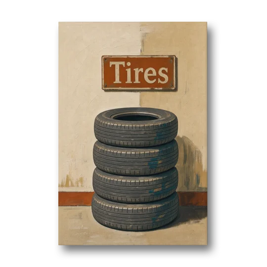 Garage Man Cave Decor with Stacked Old Tires - Canvas Wall Art - Front