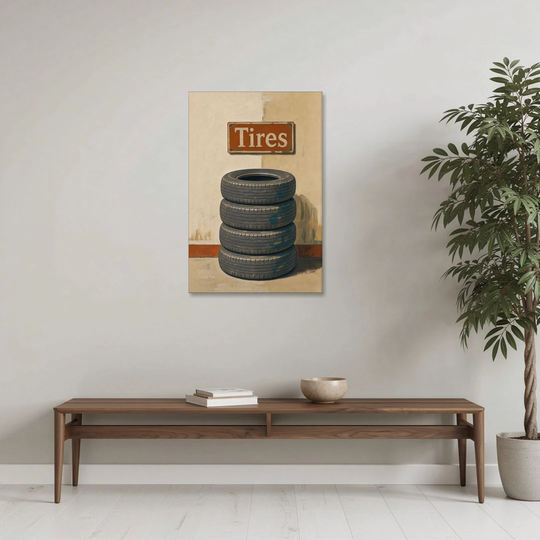 Garage Man Cave Decor with Stacked Old Tires - Canvas Wall Art - Coffee Table - 24x36