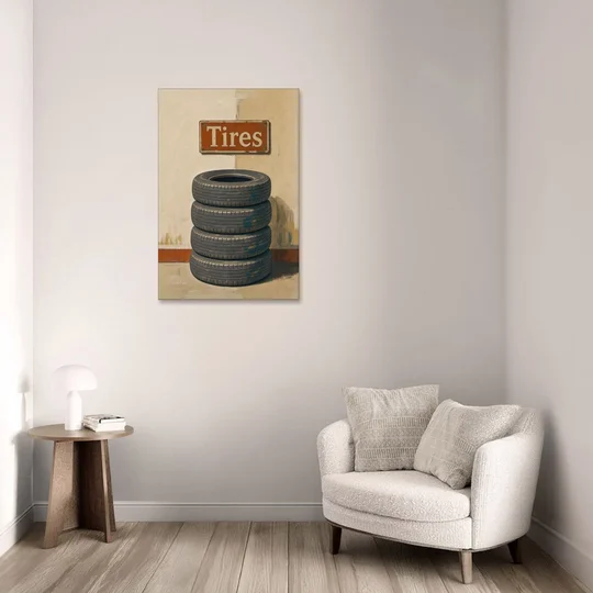Garage Man Cave Decor with Stacked Old Tires - Canvas Wall Art - Sofa - 24x36