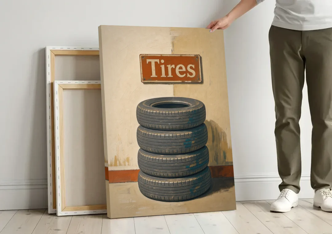 Garage Man Cave Decor with Stacked Old Tires canvas wall art leaning against a wall next to blank canvases