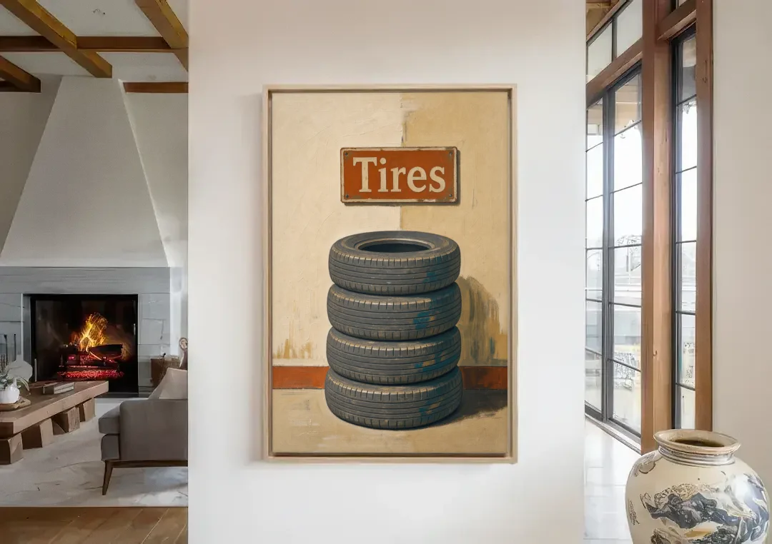 Garage Man Cave Decor with Stacked Old Tires canvas wall art in a living room with a fireplace