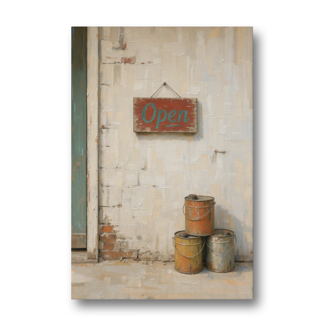Garage Wall Decor Open Sign and Oil Cans - Canvas Wall Art - Front