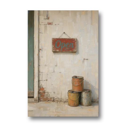 Garage Wall Decor Open Sign and Oil Cans - Canvas Wall Art - Front