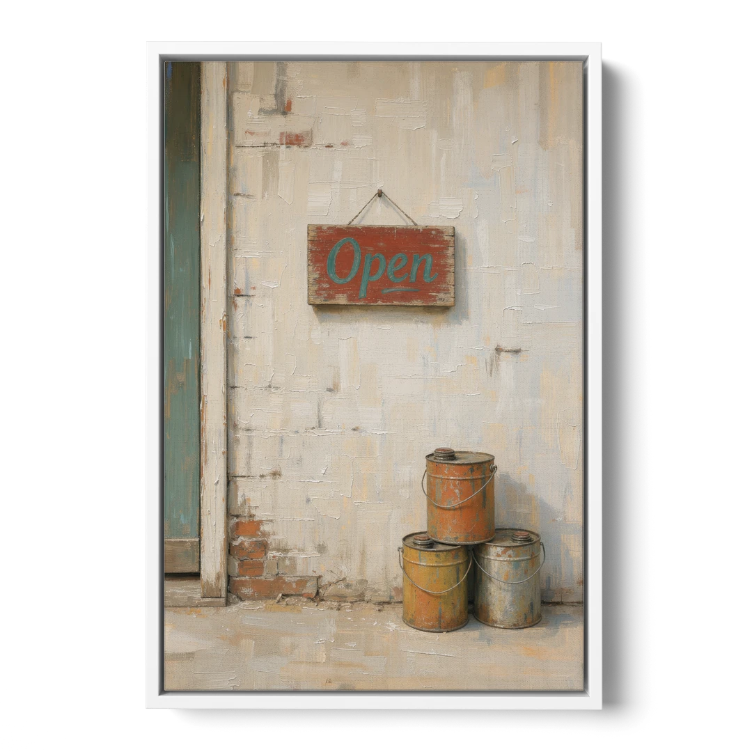 Garage Wall Decor Open Sign and Oil Cans - White Framed Canvas Wall Art - Front