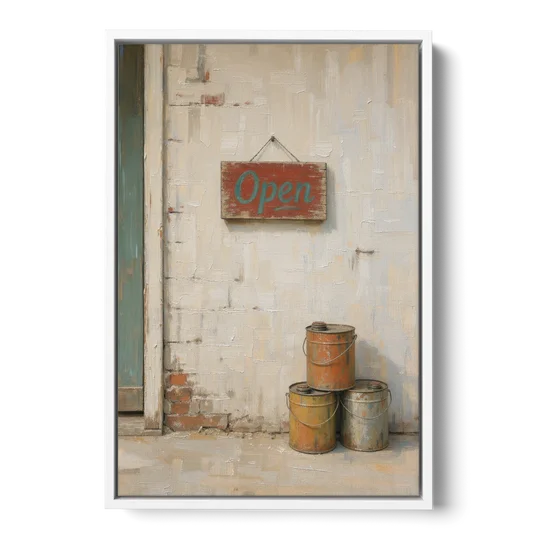Garage Wall Decor Open Sign and Oil Cans - White Framed Canvas Wall Art - Front