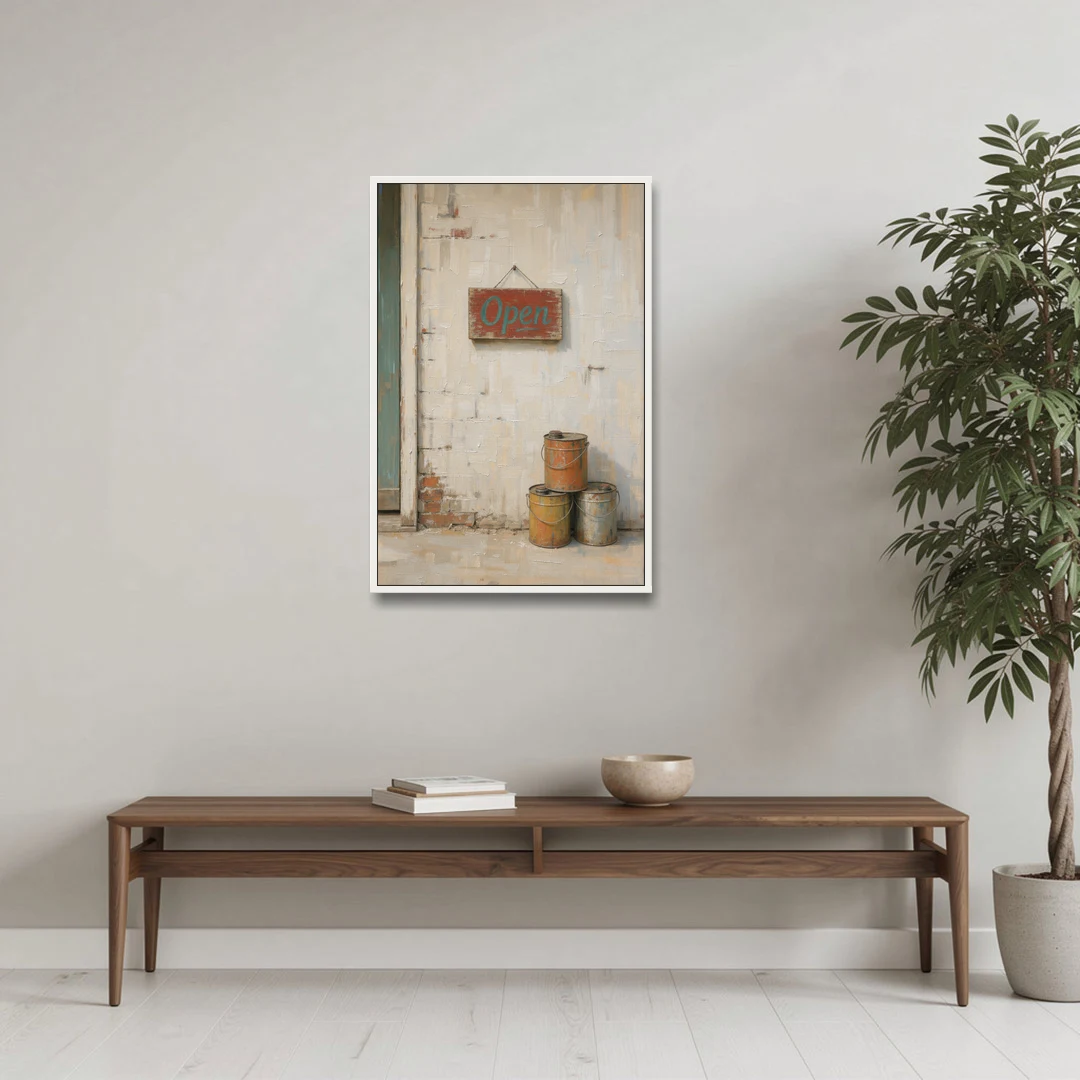 Garage Wall Decor Open Sign and Oil Cans - White Framed Canvas Wall Art - Coffee Table - 24x36