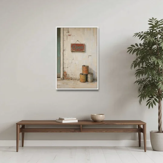 Garage Wall Decor Open Sign and Oil Cans - White Framed Canvas Wall Art - Coffee Table - 24x36