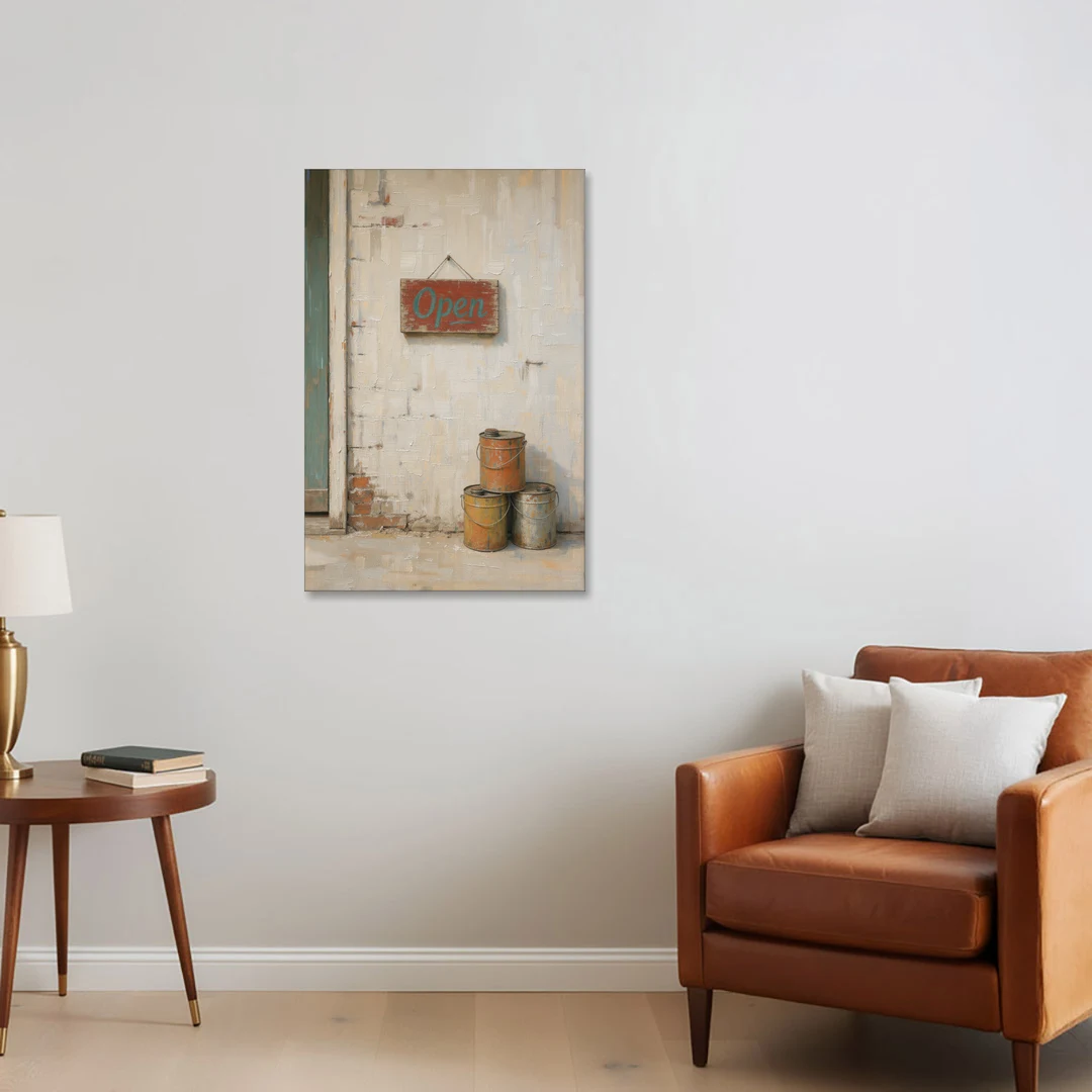 Garage Wall Decor Open Sign and Oil Cans - Canvas Wall Art - Sofa - 24x36