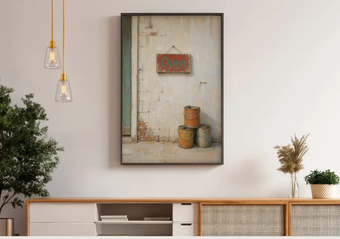 Garage Wall Decor Open Sign and Oil Cans canvas wall art above a wooden sideboard under pendant lights