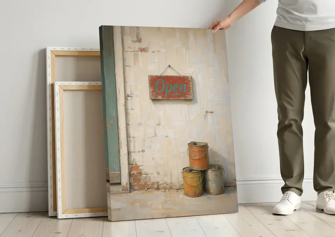 Garage Wall Decor Open Sign and Oil Cans canvas wall art leaning against a wall next to blank canvases