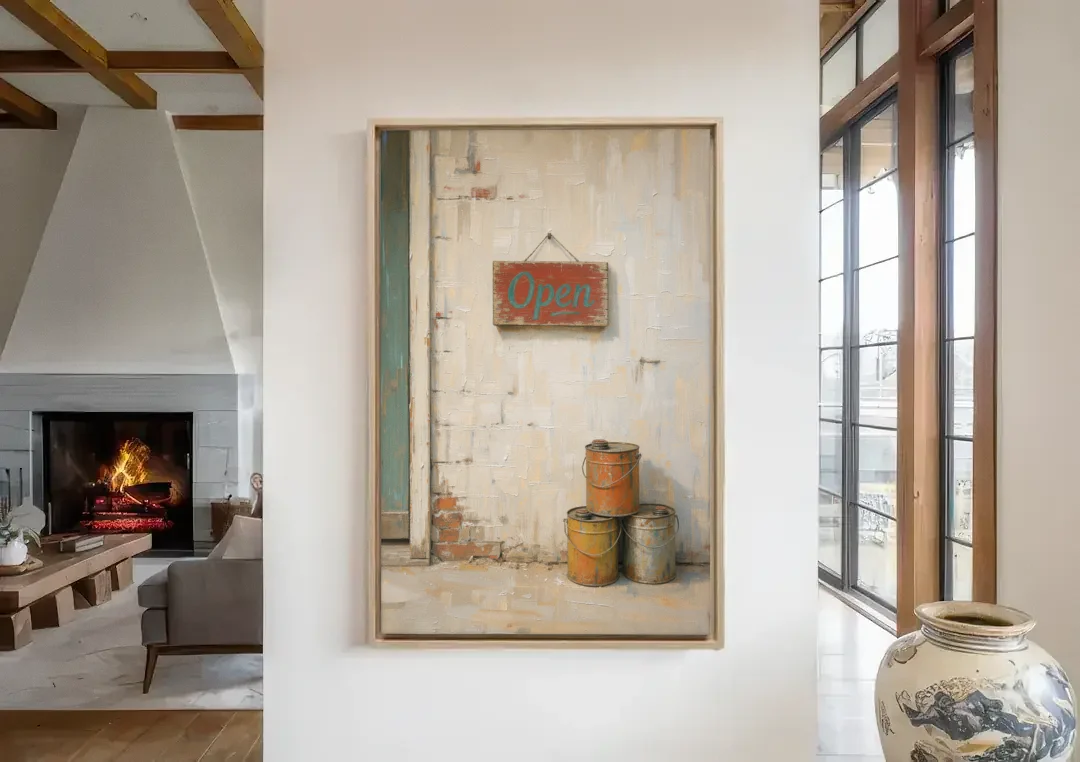 Garage Wall Decor Open Sign and Oil Cans canvas wall art in a living room with a fireplace