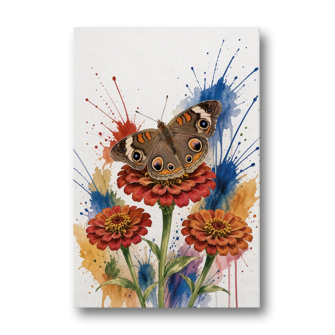 Garden Butterfly Wall Art of a Buckeye on Zinnias - Canvas Wall Art - Front