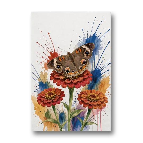 Garden Butterfly Wall Art of a Buckeye on Zinnias - Canvas Wall Art - Front