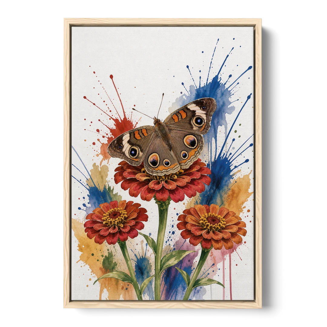 Garden Butterfly Wall Art of a Buckeye on Zinnias - Oak Framed Canvas Wall Art - Front