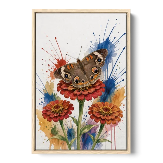 Garden Butterfly Wall Art of a Buckeye on Zinnias - Oak Framed Canvas Wall Art - Front