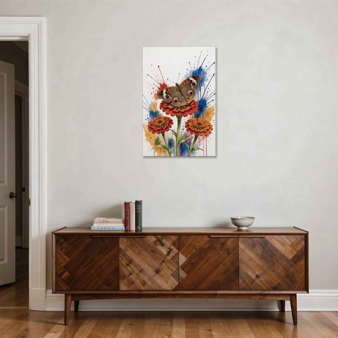 Garden Butterfly Wall Art of a Buckeye on Zinnias - Canvas Wall Art - Coffee Table - 24x36
