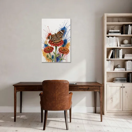 Garden Butterfly Wall Art of a Buckeye on Zinnias - Canvas Wall Art - Office - 24x36