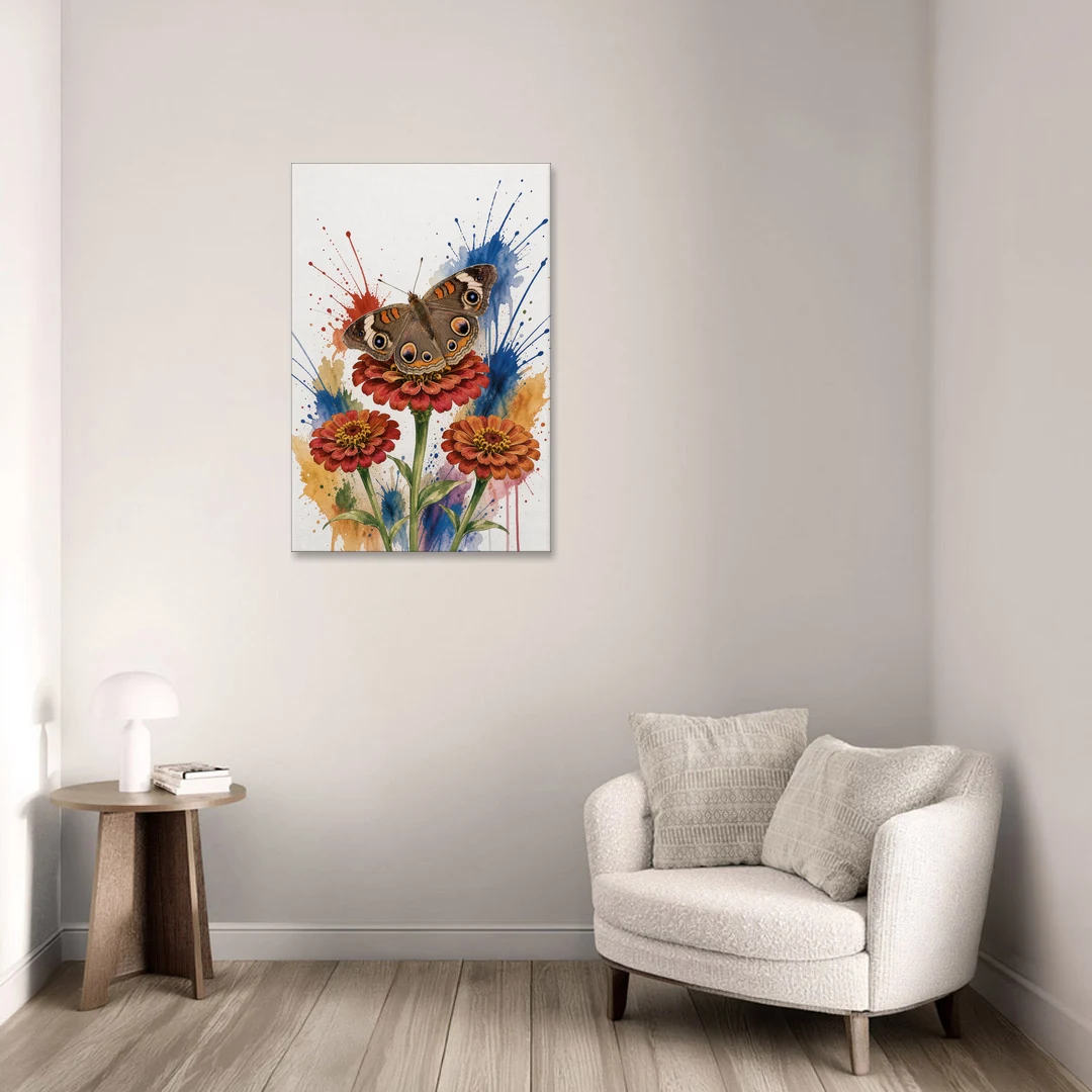 Garden Butterfly Wall Art of a Buckeye on Zinnias - Canvas Wall Art - Sofa - 24x36