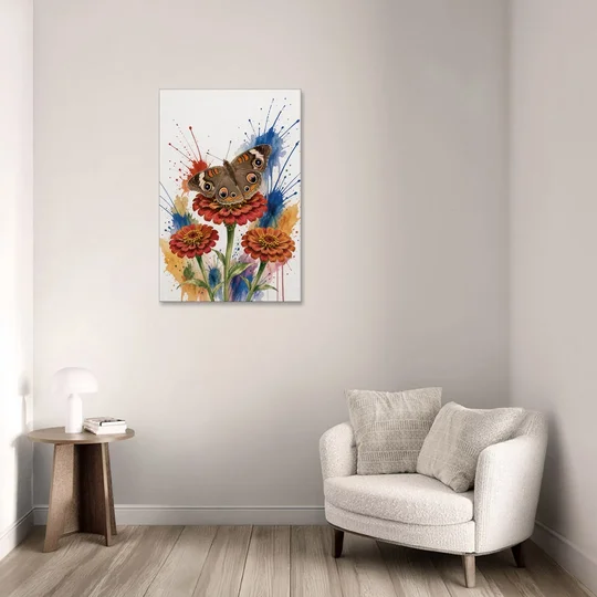 Garden Butterfly Wall Art of a Buckeye on Zinnias - Canvas Wall Art - Sofa - 24x36