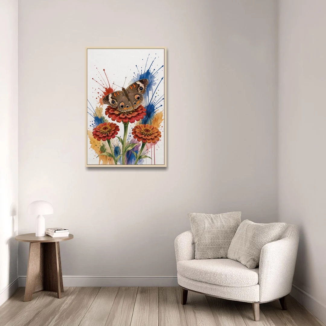 Garden Butterfly Wall Art of a Buckeye on Zinnias - Oak Framed Canvas Wall Art - Sofa - 24x36