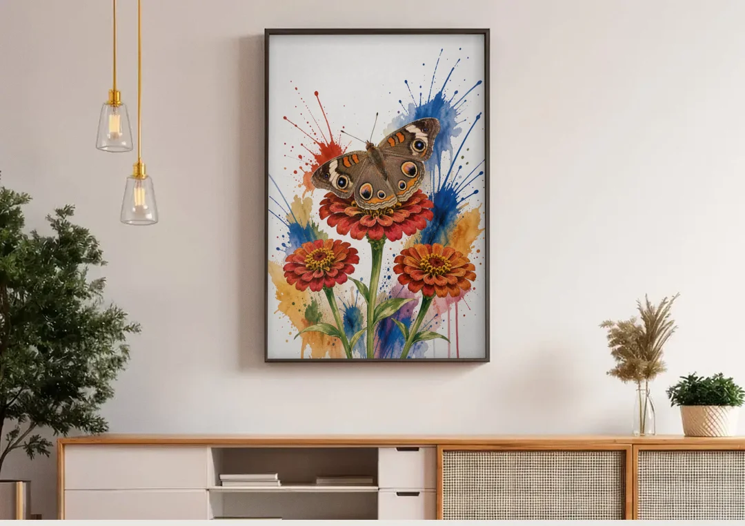 Garden Butterfly Wall Art of a Buckeye on Zinnias canvas wall art above a wooden sideboard under pendant lights