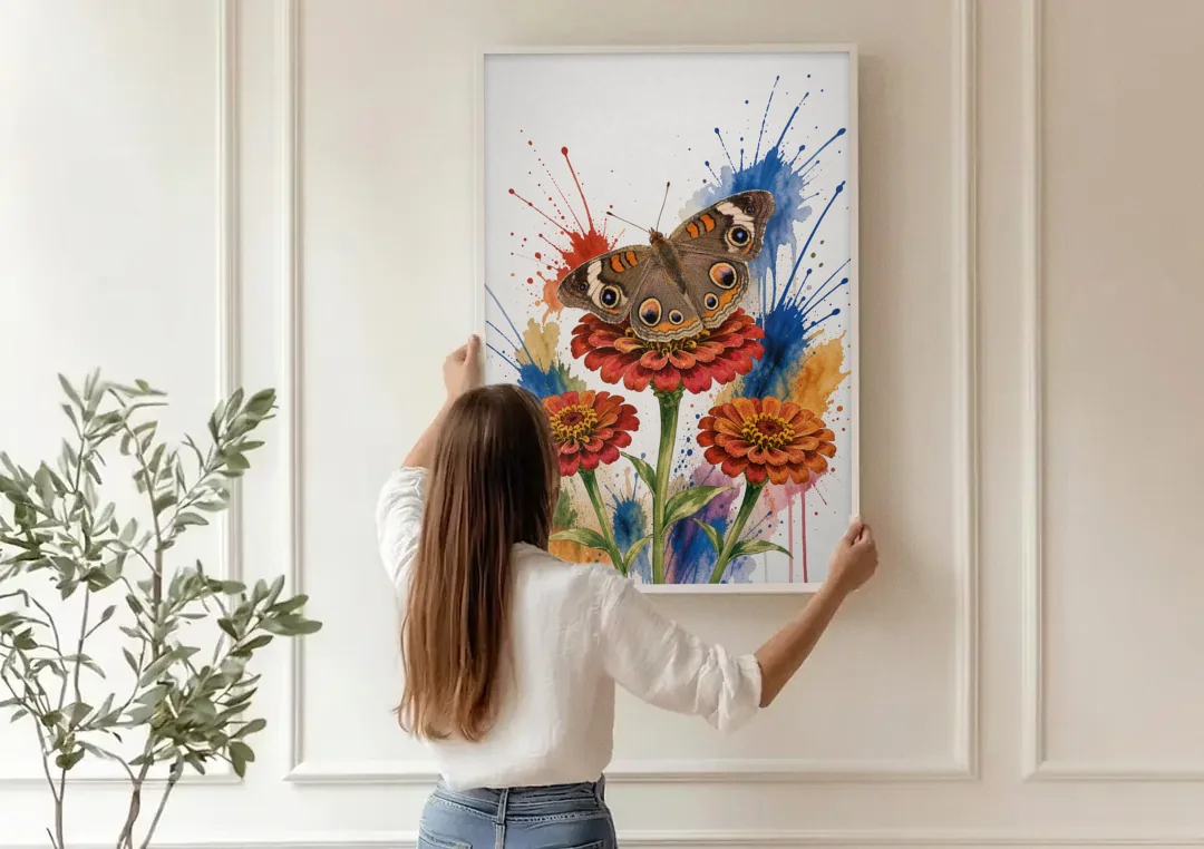 Garden Butterfly Wall Art of a Buckeye on Zinnias canvas wall art being hung on a paneled wall
