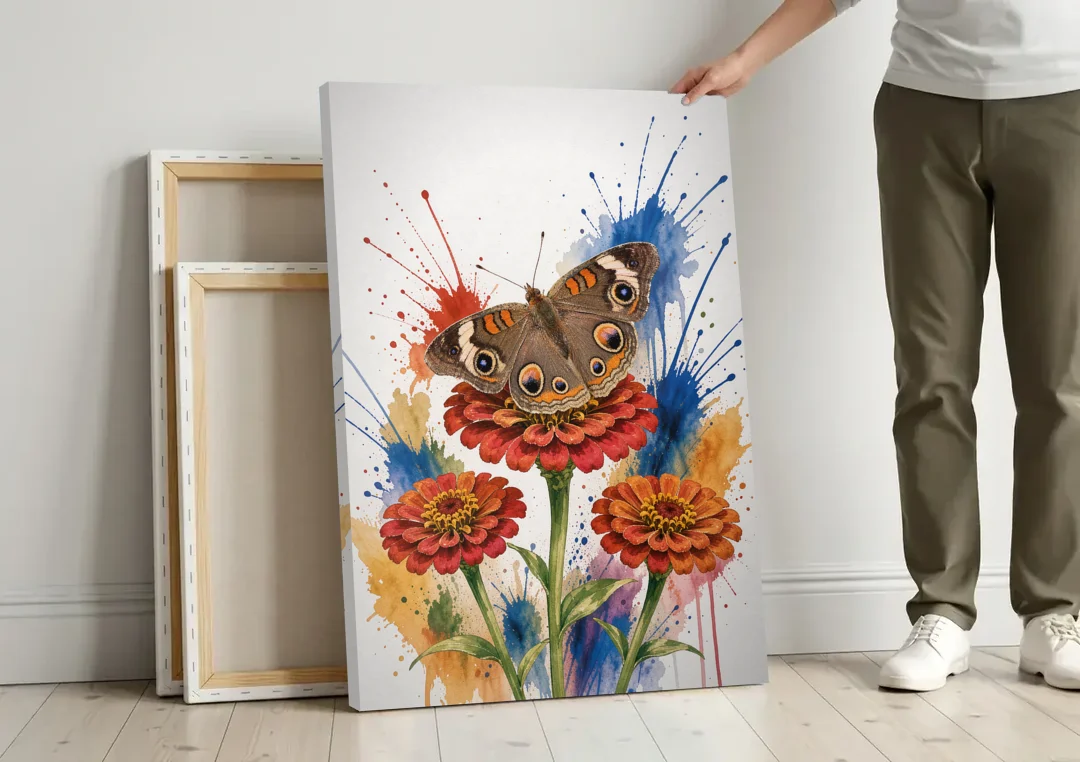 Garden Butterfly Wall Art of a Buckeye on Zinnias canvas wall art leaning against a wall next to blank canvases
