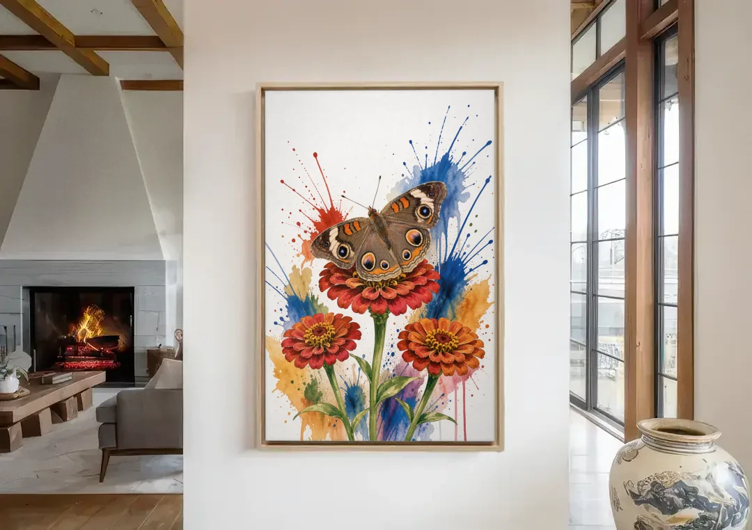 Garden Butterfly Wall Art of a Buckeye on Zinnias canvas wall art in a living room with a fireplace