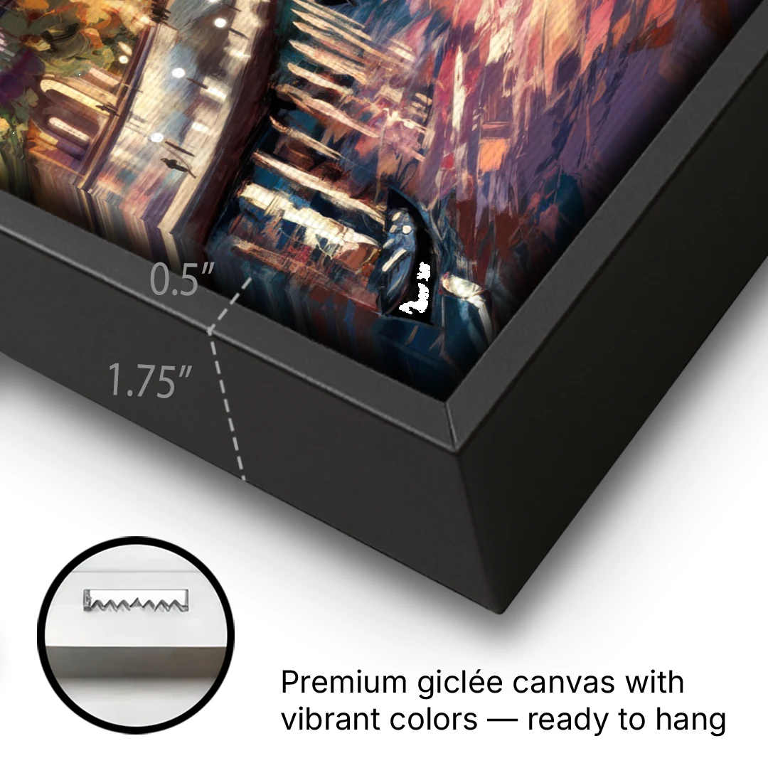Garland Cityscape Sunset - Black Framed Canvas Wall Art - Gallery Wrap Corner