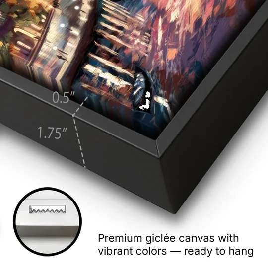 Garland Cityscape Sunset - Black Framed Canvas Wall Art - Gallery Wrap Corner