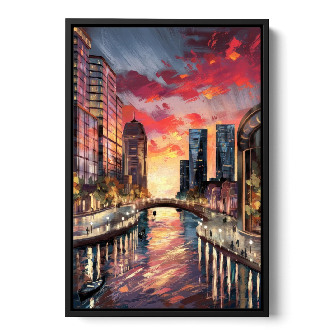 Garland Cityscape Sunset - Black Framed Canvas Wall Art - Front