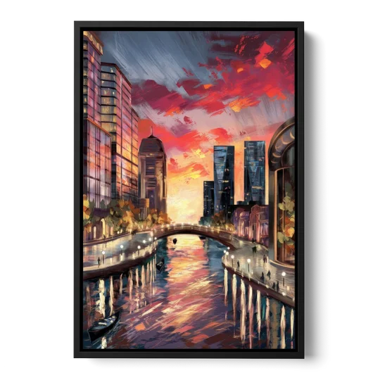 Garland Cityscape Sunset - Black Framed Canvas Wall Art - Front