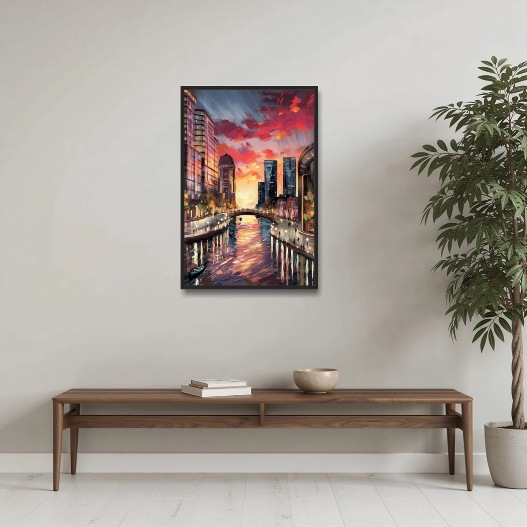 Garland Cityscape Sunset - Black Framed Canvas Wall Art - Coffee Table - 24x36