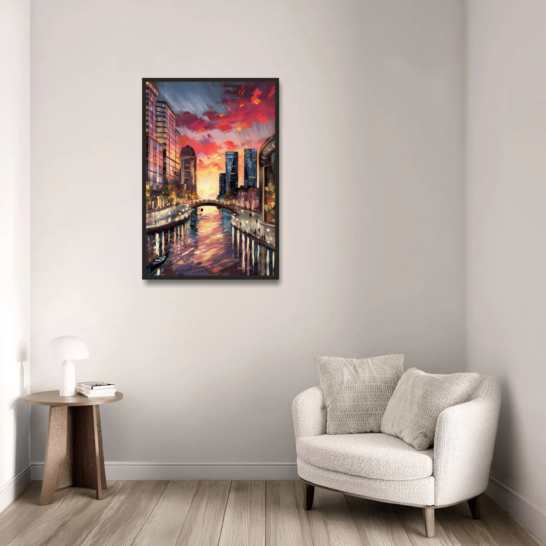 Garland Cityscape Sunset - Black Framed Canvas Wall Art - Sofa - 24x36