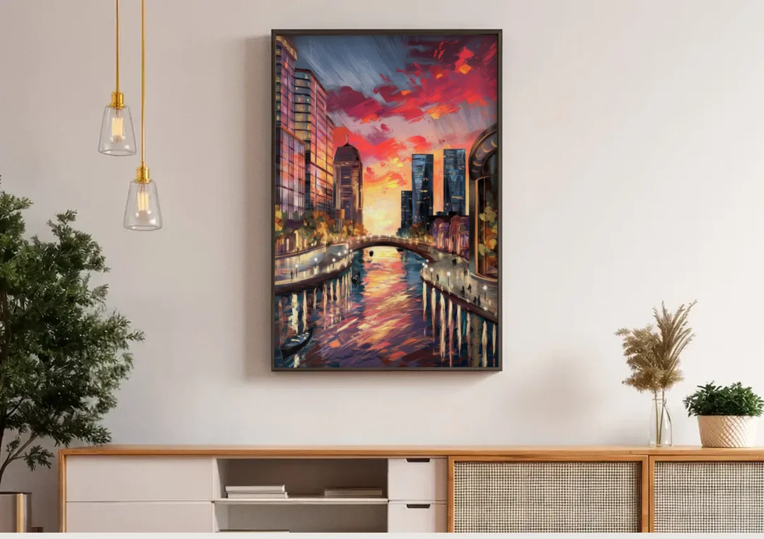 Garland Cityscape Sunset canvas wall art above a wooden sideboard under pendant lights