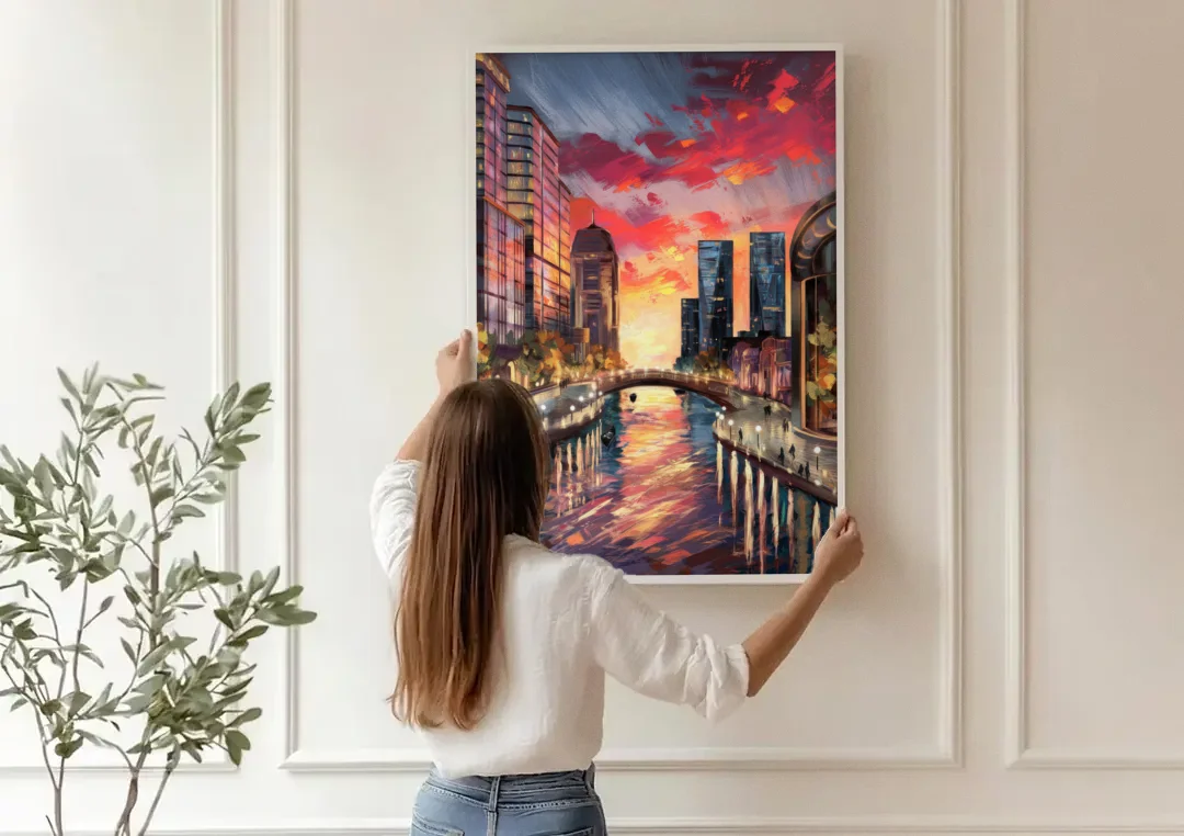 Garland Cityscape Sunset canvas wall art being hung on a paneled wall