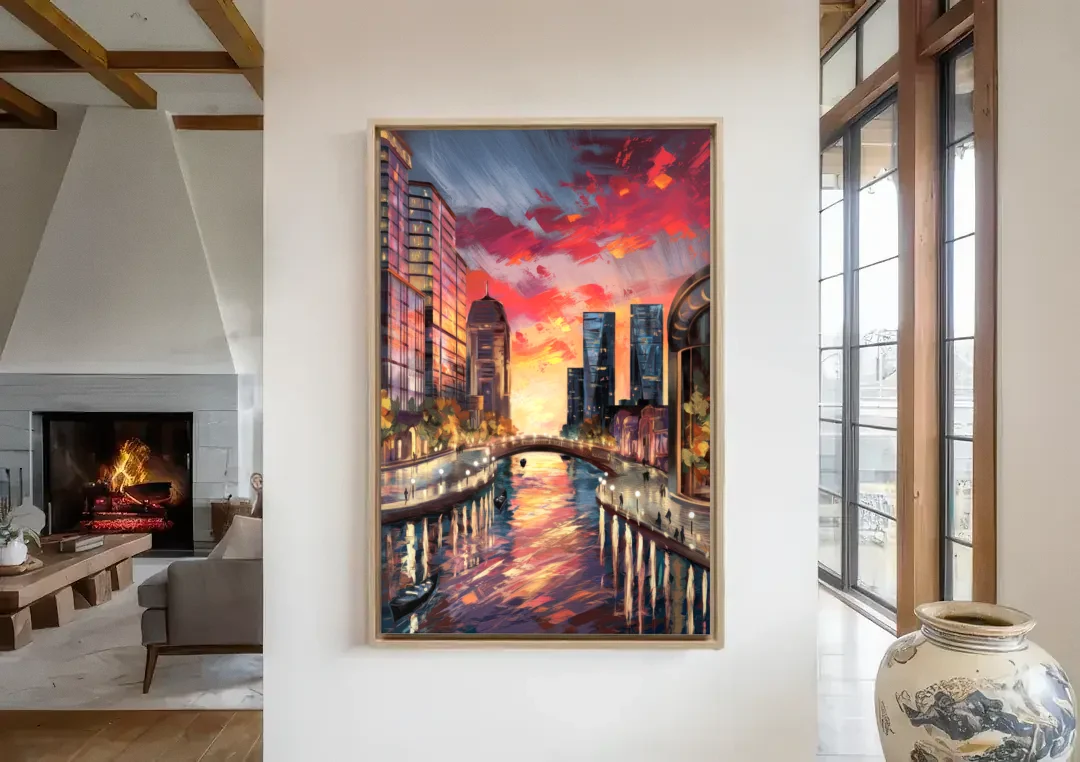 Garland Cityscape Sunset canvas wall art in a living room with a fireplace